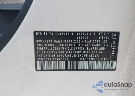 2012 Volkswagen Jetta 2.5L Se from USA, damaged, VIN 3VWDP7AJ0CM450081